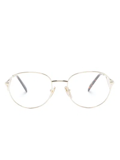 Prada Logo-plaque Round-frame Glasses In Gold