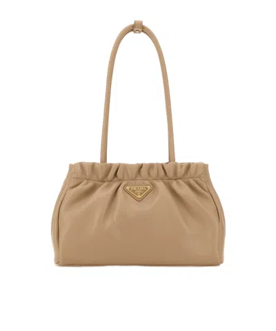 Prada Logo Plaque Ruched Shoulder Bag In Neutral