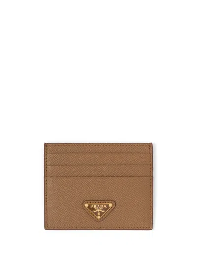Prada Logo Plaque Saffiano Leather Cardholder In Brown