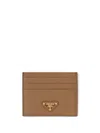 Prada Triangle Logo Saffiano Leather Cardholder In Caramel 0