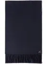 Prada Mens Blue Logo-plaque Fringed-trim Silk And Cashmere-blend Scarf In Blue