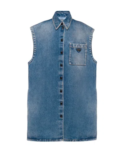 Prada Logo-plaque Sleeveless Denim Dress In Sky Blue