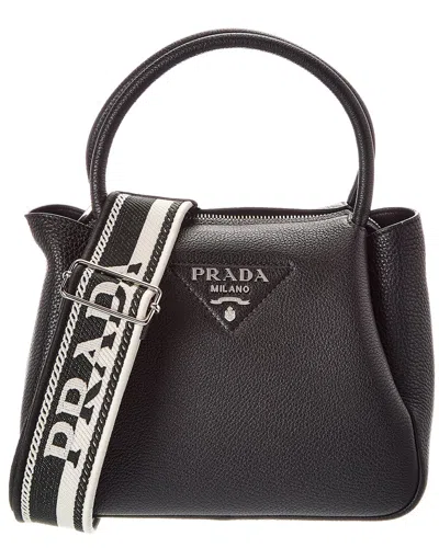 Prada Logo Plaque Small Leather Tote In Black