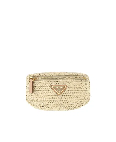 Prada Logo Plaque Straw Pouch In Nude