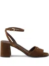 Prada Logo-plaque Suede Sandals In Brown