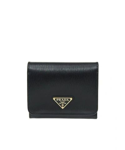 Prada Logo Plaque Wallet In Black