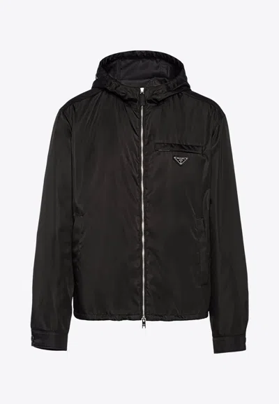 Prada Logo Plaque Windbreaker Jacket In Black