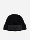 Prada Mens Black Re-nylon Wool And Recycled Polyamide-blend Beanie Hat In Black