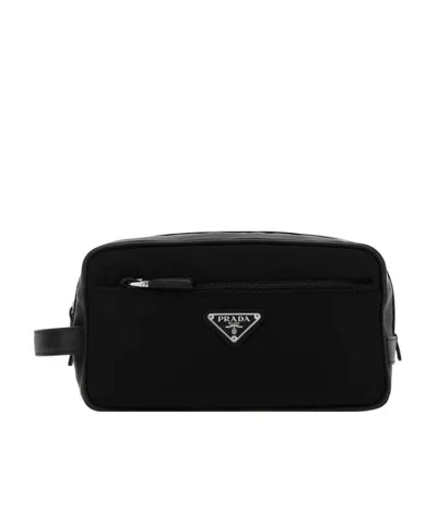 Prada Re-nylon And Saffiano Leather Travel Pouch Accessories In Black