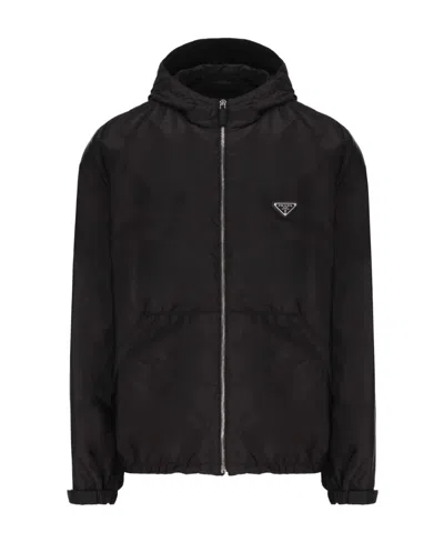 PRADA PRADA LOGO PLAQUE ZIP-UP HOODED JACKET