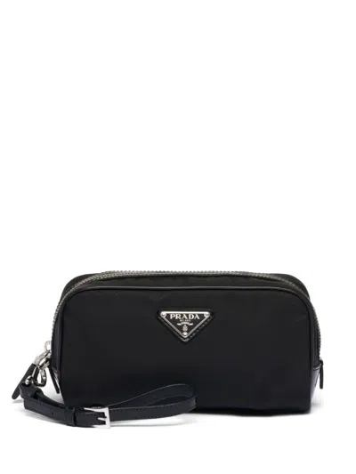 Prada Triangle Logo Zipped Pouch Bag In Black