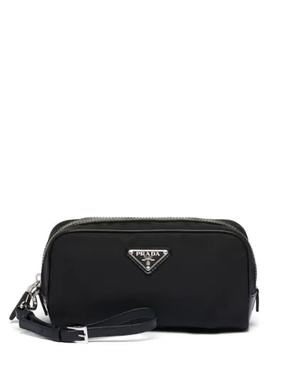 Prada Logo-plaque Zipped Wash Bag In Black