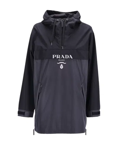 Prada Logo-print Belted-waist Raincoat In Black