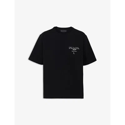 Prada Mens Black Logo-print Dropped-shoulder Cotton-jersey T-shirt