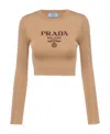 Prada Logo-intarsia Rib Cropped Silk Sweater In Camel Brown