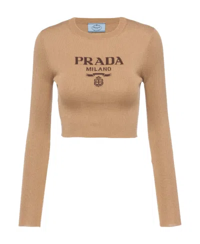 PRADA CROPPED SILK SWEATER WITH LOGO