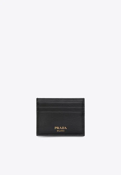 Prada Logo Print Leather Cardholder In Black