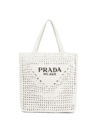 Prada Logo-print Raffia Tote Bag In Weiss