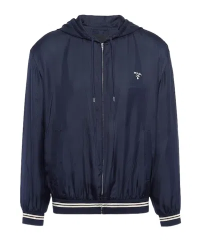 Prada Logo-print Silk Hooded Jacket In Blue