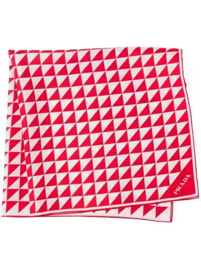 Prada Triangle Logo Silk Scarf In F0976 Rosso Bianco