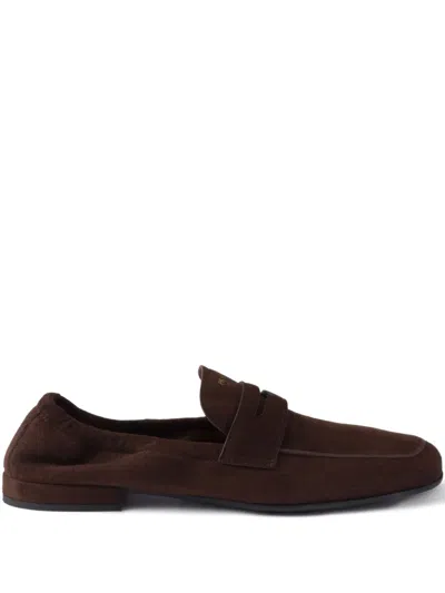 Prada Logo-print Suede Loafers In Brown