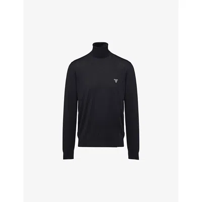 Prada Mens Black Logo-print Turtleneck Wool Jumper