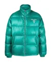 Prada Logo Printed Down Jacket With Standing Collar In Green