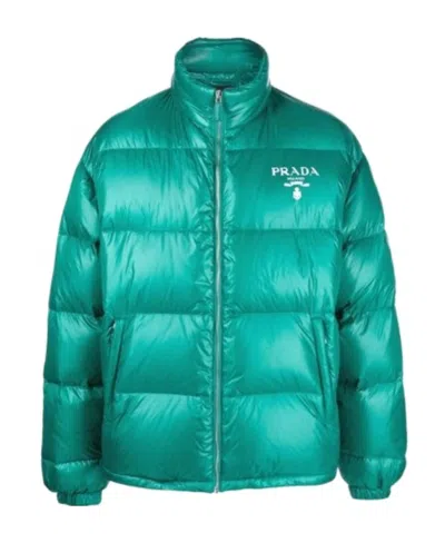 Prada Logo Printed Down Jacket With Standing Collar In Green