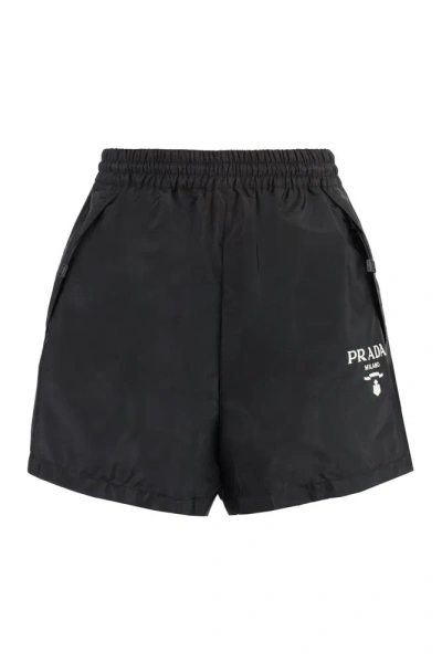 Prada Logo Printed Elastic Waist Shorts In Black