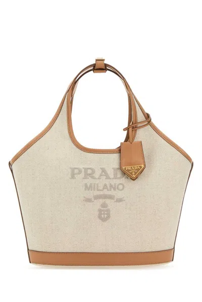 Prada Logo Printed Medium Top Handle Bag In Beige
