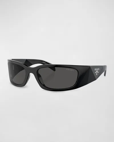 Prada Logo Propionate & Plastic Wrap Sunglasses In Black