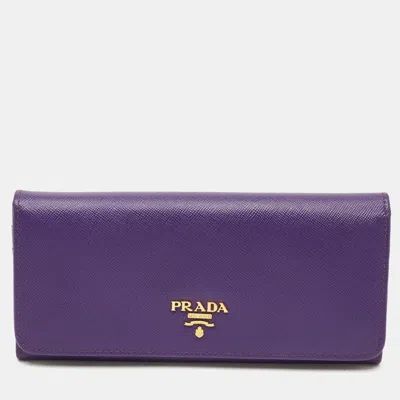 Pre-owned Prada Logo Purple Saffiano Metal Leather Continental Wallet
