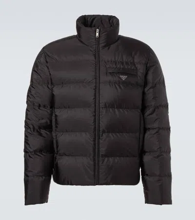 Prada Logo Quilted Down Jacket In Brown