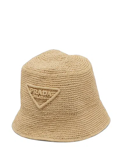 Pre-owned Prada Logo Raffia Bucket Hat In Neutrals