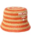 Prada Logo Striped Raffia Bucket Hat In Orange