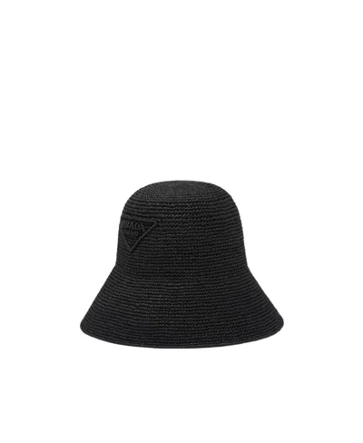 Prada Logo Raffia Hat In Black