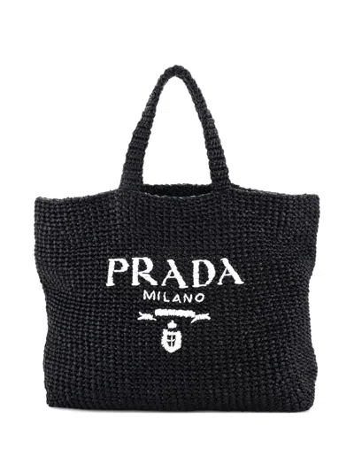 Pre-owned Prada Logo Raffia Large Tote Bag In Black