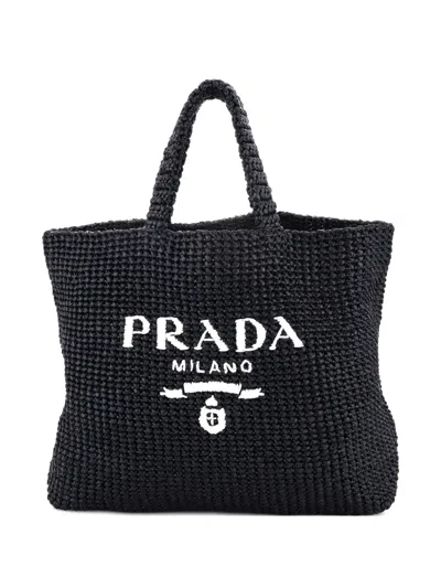 Pre-owned Prada Logo Raffia Large Tote Bag In Black