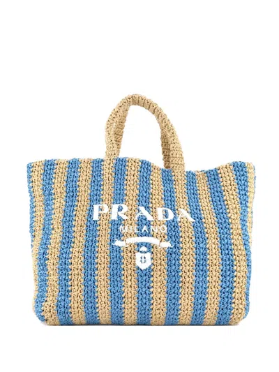 Pre-owned Prada Logo Raffia Large Tote Bag In Blue