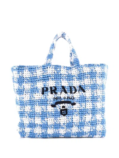 Pre-owned Prada Logo Raffia Large Tote Bag In Blue