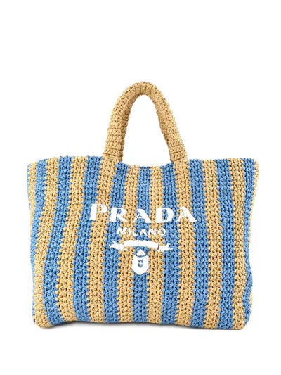 Pre-owned Prada Logo Raffia Large Tote Bag In Blue