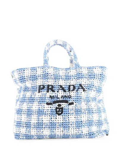 Pre-owned Prada Logo Raffia Large Tote Bag In Blue