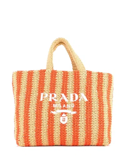 Pre-owned Prada Logo Raffia Large Tote Bag In Multi