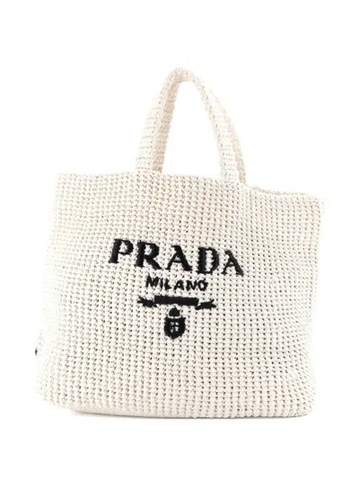 Pre-owned Prada Logo Raffia Large Tote Bag In White