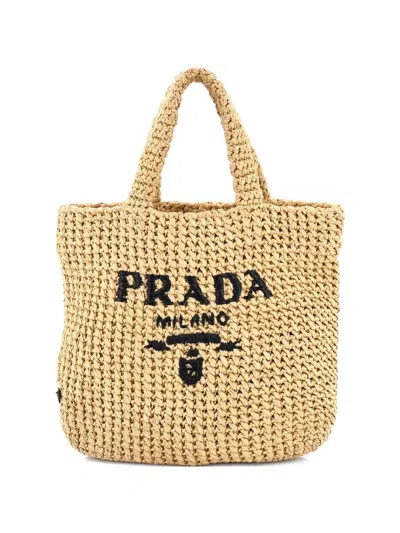 Pre-owned Prada Logo Raffia Medium Tote Bag In Neutral