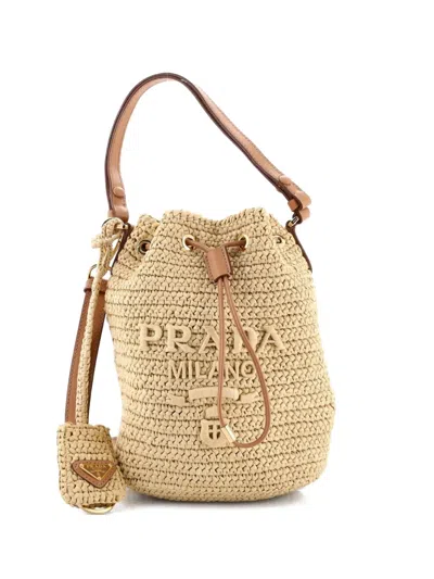 Pre-owned Prada Logo Raffia Mini Bucket Bag In Neutral