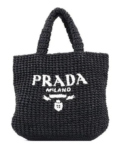 Pre-owned Prada Logo Raffia Small Tote Bag In Black