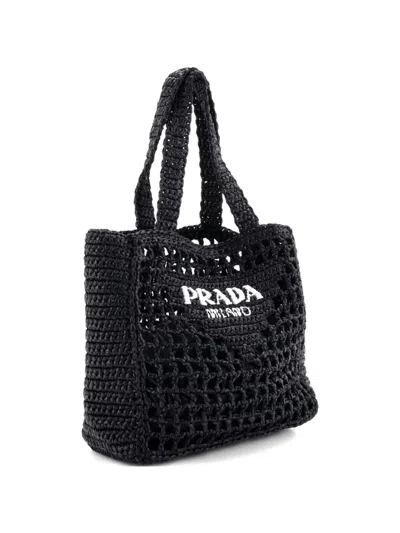 Pre-owned Prada Logo Raffia Small Tote Bag In Black