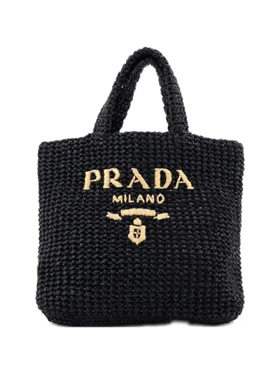 Pre-owned Prada Logo Raffia Small Tote Bag In Black