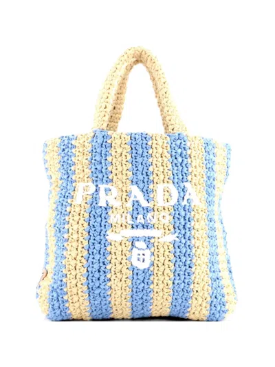Pre-owned Prada Logo Raffia Small Tote Bag In Blue